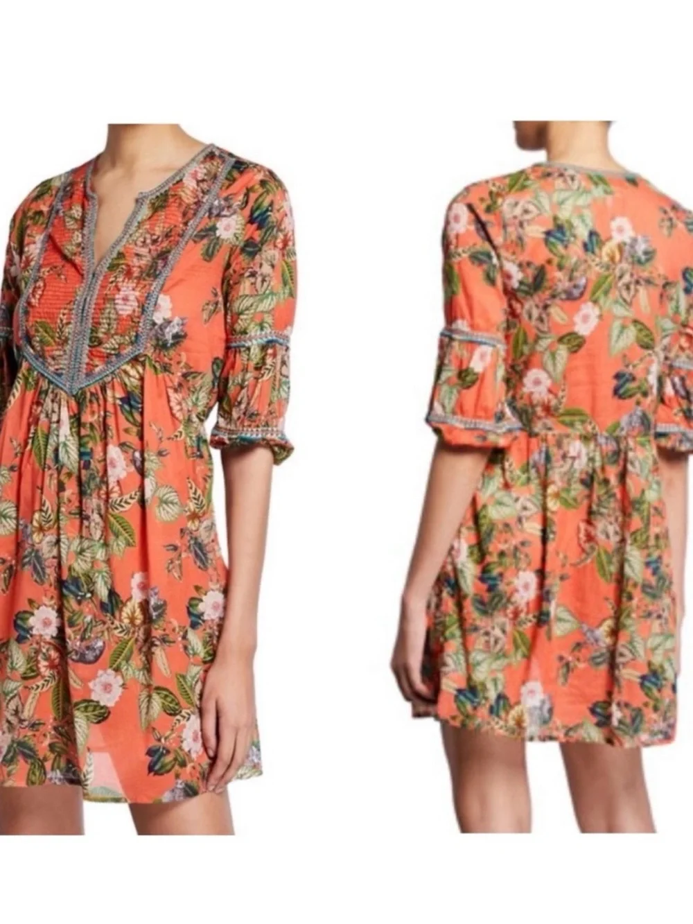 Johnny Was Paris Shift Dress Size Medium Tunic Orange Floral Embroidered - Picture 1 of 10